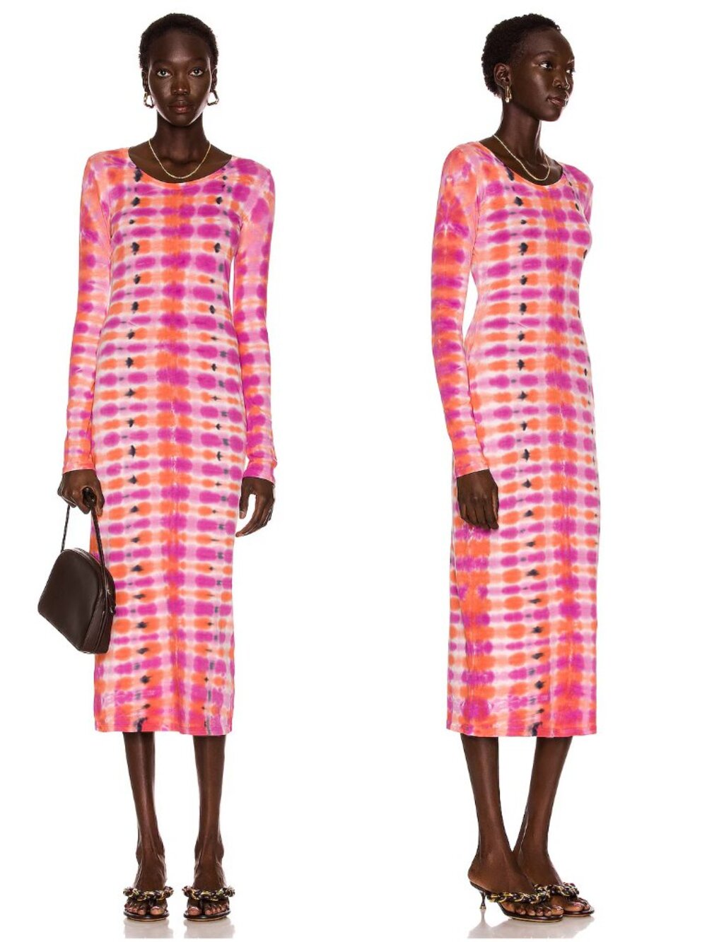 Raquel Allegra Fitted Long Sleeve Dress tie dye size 0 XS pink orange midi